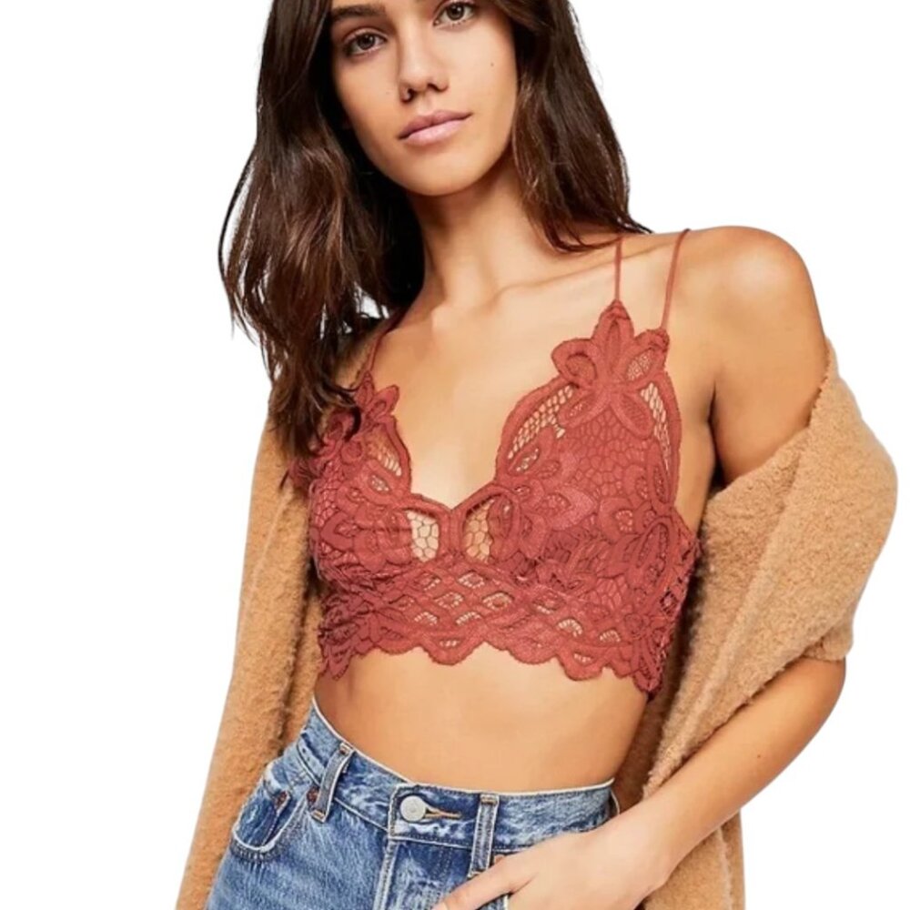 FREE PEOPLE INTIMATELY ADELLA LONGLINE LACE CROCHET BRALETTE COPPER BOHO XS